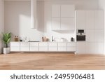 White home kitchen interior with appliances and kitchenware, hardwood floor. Sink, stove and oven mounted with hood. Minimalist cooking space in modern apartment. 3D rendering