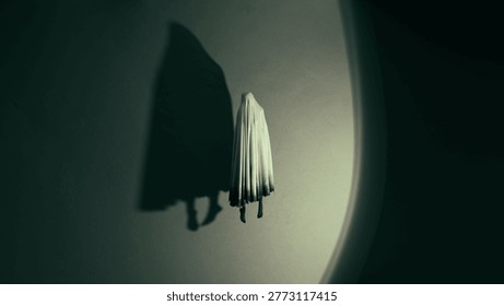 White Hooded Ghost Sheet Ghost Floating Phantom Spirit Apparition with Dramatic Shadow on Dark Wall Eerie Spooky Atmosphere 3D Illustration