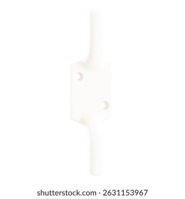 A white hook is mounted on a white wall. The hook is attached to the wall with screws. The hook is positioned at a height of about 3 feet from the ground