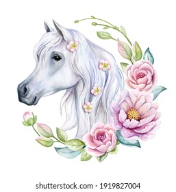 White Horse in floral plant spring and floral frame, circle, wreath with peonies and roses isolated on white background. Portrait, head. Watercolor. Illustration