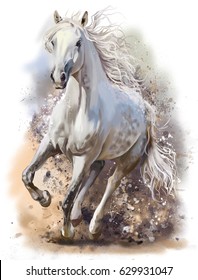 White horse runs watercolor painting