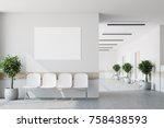 White hospital corridor with doors and white chairs for patients waiting for the doctor visit. A poster. 3d rendering mock up