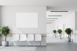 White Hospital Corridor With Doors And White Chairs For Patients Waiting For The Doctor Visit. A Poster. 3d Rendering Mock Up