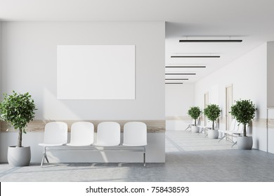 White hospital corridor with doors and white chairs for patients waiting for the doctor visit. A poster. 3d rendering mock up