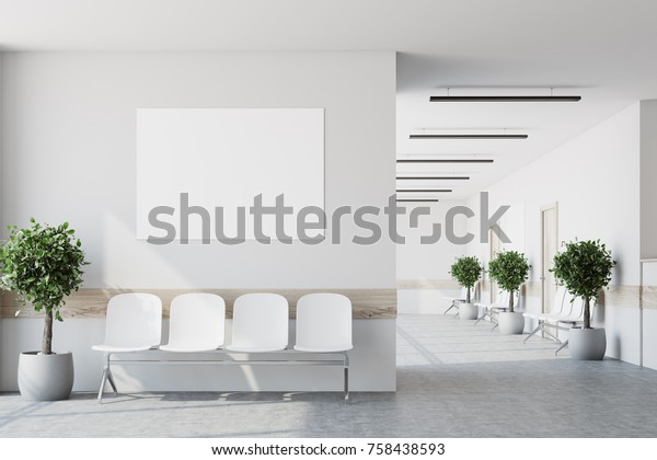 White hospital corridor with doors and white chairs\
for patients waiting for the doctor visit. A poster. 3d rendering\
mock up