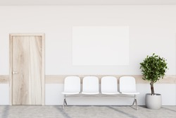 White Hospital Lobby With A Door And White Chairs For Patients Waiting For The Doctor Visit. A Poster. 3d Rendering Mock Up