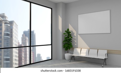 White Hospital Lobby With A Door And White Chairs For Patients Waiting For The Doctor Visit. A Poster. 3d Rendering Mock Up