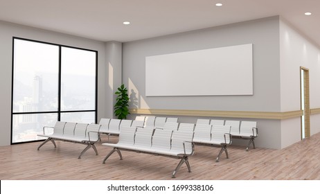 White Hospital Lobby With A Door And White Chairs For Patients Waiting For The Doctor Visit. A Poster. 3d Rendering Mock Up