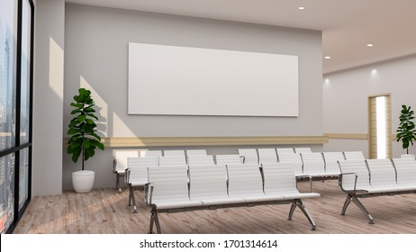 White Hospital Lobby With A Door And White Chairs For Patients Waiting For The Doctor Visit. A Poster. 3d Rendering Mock Up