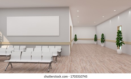 White Hospital Lobby With A Door And White Chairs For Patients Waiting For The Doctor Visit. A Poster. 3d Rendering Mock Up