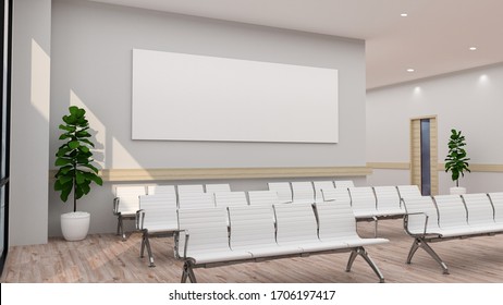 White hospital lobby with a door and white chairs for patients waiting for the doctor visit. A poster. 3d rendering mock up