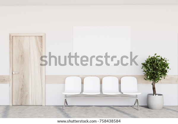 White hospital lobby with a door and white chairs for\
patients waiting for the doctor visit. A poster. 3d rendering mock\
up
