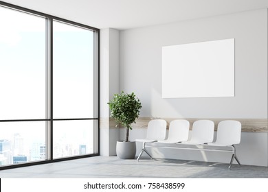 White Hospital Lobby With Windows And White Chairs For Patients Waiting For The Doctor Visit. A Potted Tree. 3d Rendering Mock Up