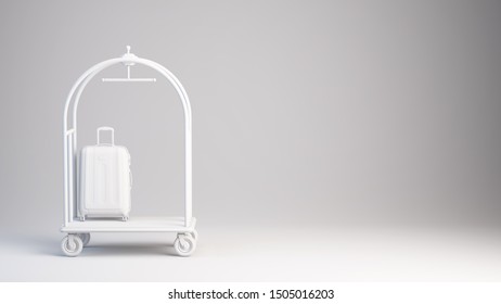 White Hotel Luggage Trolley With Suitcese On White Background. 3d Rendering