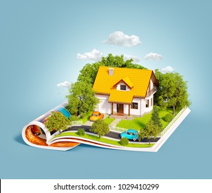 White house of dream with white fence, garden and trees on opened pages of magazine. Unusual 3d illustration. Travel and camping concept