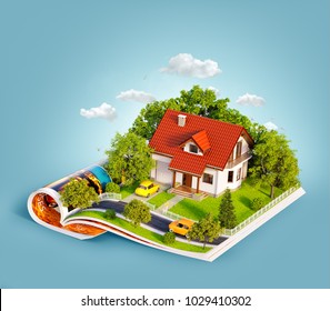 White house of dream with white fence, garden and trees on opened pages of magazine. Unusual 3d illustration. Travel and camping concept