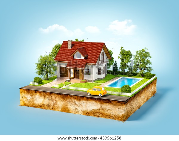 White house\
of dream on a piece of earth with white fence, garden, pool and\
trees. Unusual creative 3d\
illustration