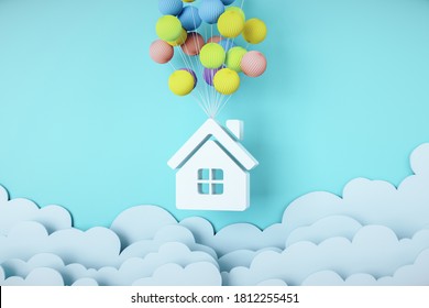White house is flying in color balloons. Success and building concept. 3D Rendering