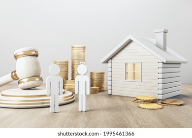 White House With Golden Coin Stacks, Male, Female And Gavel On Concrete And Wooden Background. Divorce And Property Division Concept. 3D Rendering