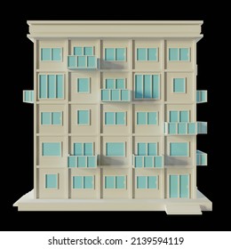 White House, modern style, 5-floor model. Architecture Made from paper, low poly side 3d rendering. Blue windows and doors.
