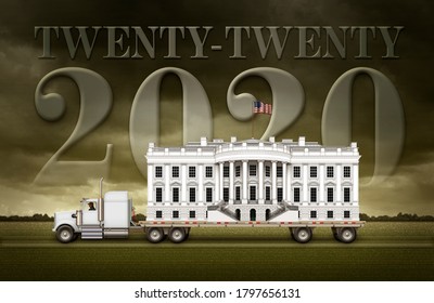 The White House On A Flat Bed Truck With Twenty Tewnty And 2020 Written In The Background Sky. 3D Illustration