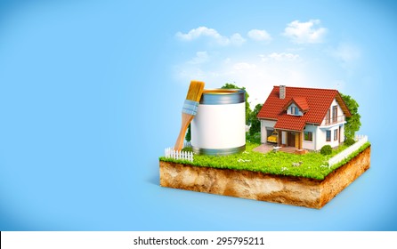 White House And  Paint Can With Brush On A Piece Of Earth With Garden And Trees. Unusual Illustration 