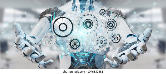 White Humanoid Robot On Blurred Background Using Digital Gears 3D Rendering