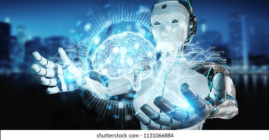 White Humanoid Woman On Blurred Background Using Digital Artificial Intelligence Icon Hologram 3D Rendering