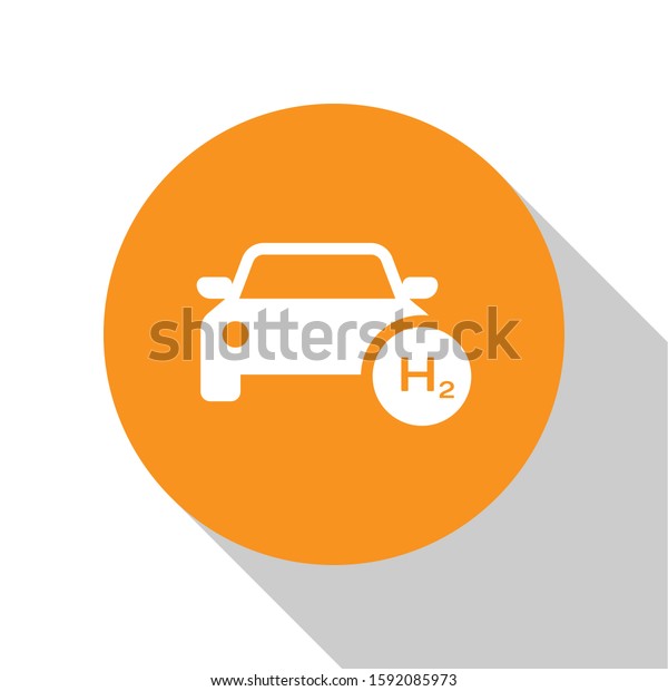 White Hydrogen car icon isolated\
on white background. H2 station sign. Hydrogen fuel cell car eco\
environment friendly zero emission. Orange circle button.\
