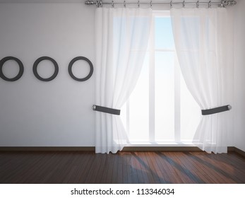 white interior with curtains and round frames on the wall - Shutterstock ID 113346034