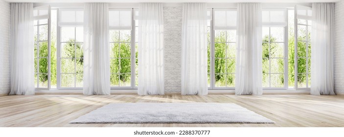 White interior design with large windows. 3D rendering