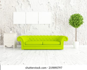 White Interior With A Green Sofa