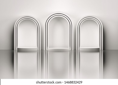 White Interior Scene With Three Round Arches And Podium Over Reflective Mirror Floor. 3d Illustration.