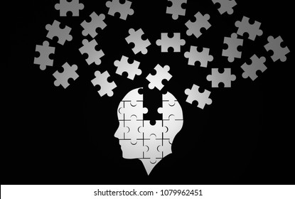 White Jigsaw Puzzle As A Human Brain On Black. Concept For Alzheimer's Disease. 3d Illustration