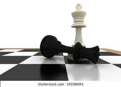 White king standing over fallen black queen on white background