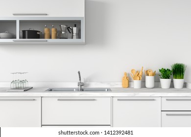 White Kitchen Countertop With Sink For Mockup, 3D Rendering