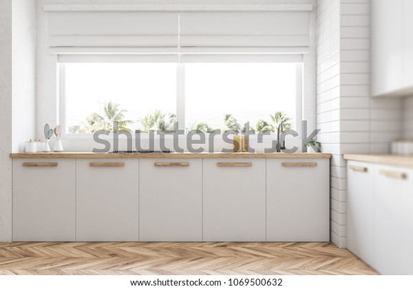 White Kitchen Countertops Built Sink Standing Stock Illustration