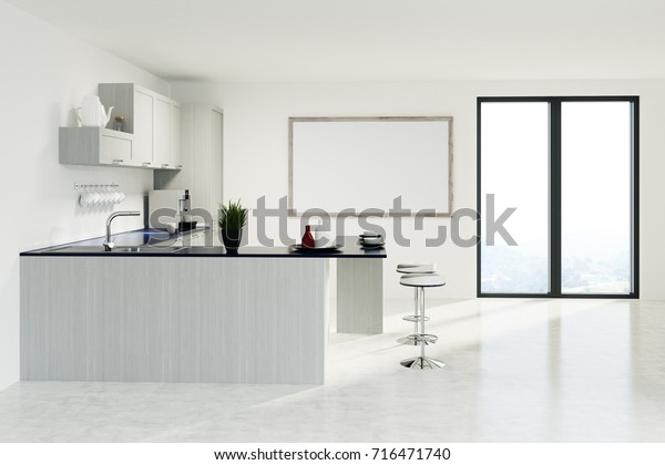 White Kitchen Interior White Black Countertops Stock Illustration