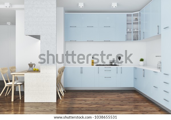 White Kitchen Interior Dark Wooden Floor Stock Illustration 1038655531