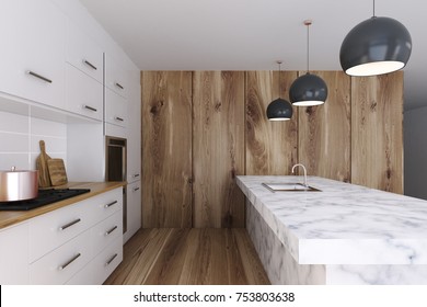 White kitchen interior with panoramic windows, a wooden floor and a marble bar stand. Side view. 3d rendering