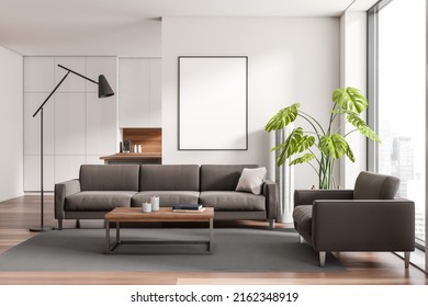 White Kitchen Interior With Sofa And Coffee Table, Side View, Panoramic Window On City View. Cooking Space With Appliances And Chill Area In Studio. Mock Up Poster. 3D Rendering