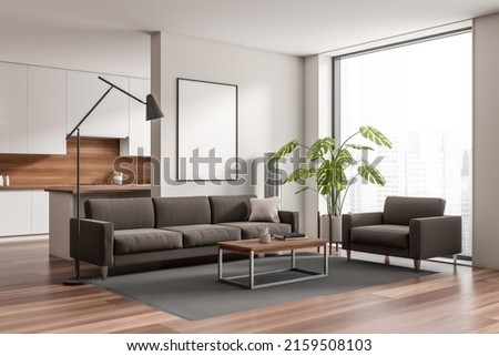 White kitchen interior with sofa and coffee table, side view, panoramic window on city view. Cooking space with appliances and chill area in studio. Mock up poster. 3D rendering