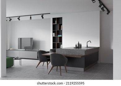 White Kitchen Interior With Sofa And Tv Screen On Cabinet, Armchairs And Countertop On Grey Tiled Floor, Side View. Shelf With Books. Cooking Room And Relaxing Space. 3D Rendering