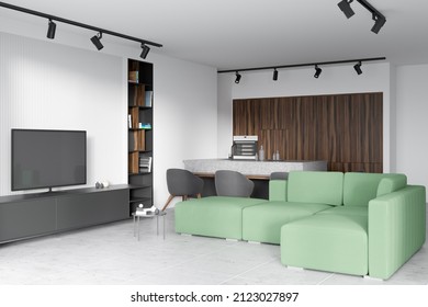 White Kitchen Interior With Sofa And Tv Set, Armchairs And Countertop On Grey Tiled Floor, Side View. Shelf With Books. Cooking Room And Relaxing Space. 3D Rendering