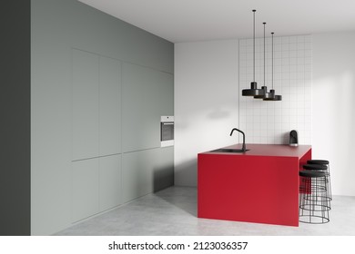 White Kitchen Interior With Three Bar Chairs And Red Countertop On Grey Concrete Floor, Side View. Cooking Room With Oven And Coffee Maker. 3D Rendering