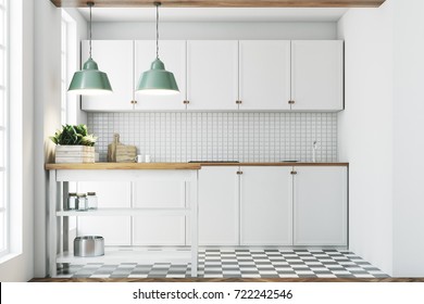 White Kitchen Interior With A Tiled Wall And Floor, Countertops And A Small Table With Jars. 3d Rendering Mock Up