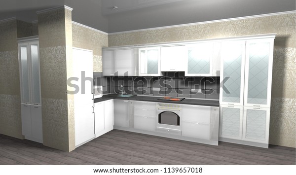White Kitchen Neoclassical Style 3d Rendering Stock
