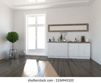White kitchen room interior with dinning furniture on the wooden floor, large wall, white landscape in window. Home noridci nterior. 3D illustration