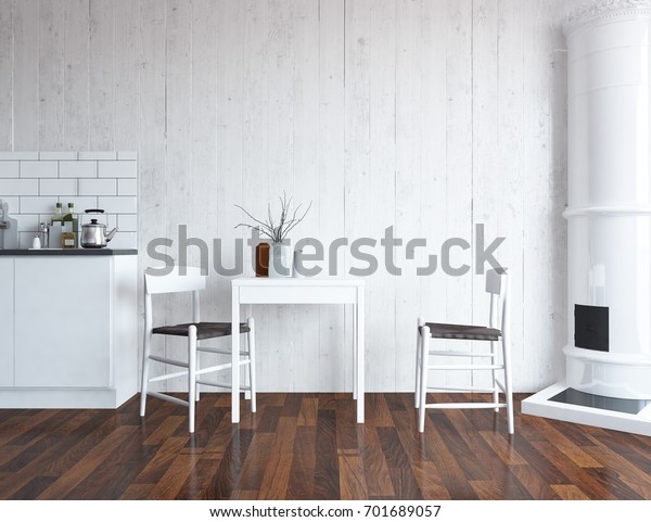 White Kitchen Room Interior Scandinavian Interior Stock
