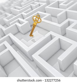 White labyrinth, problem solved, golden key in center of abstract maze